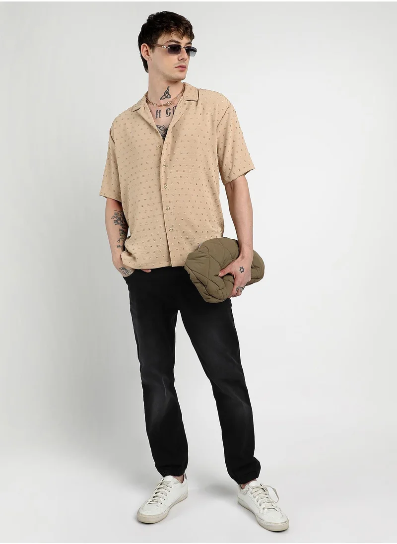 Campus Sutra Men's Beige Oversized Pom-Pom Shirt