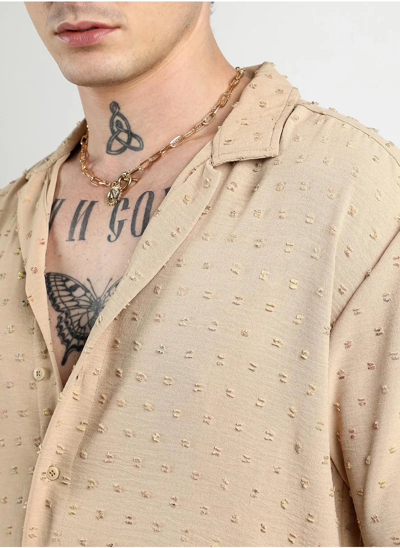 Campus Sutra Men's Beige Oversized Pom-Pom Shirt