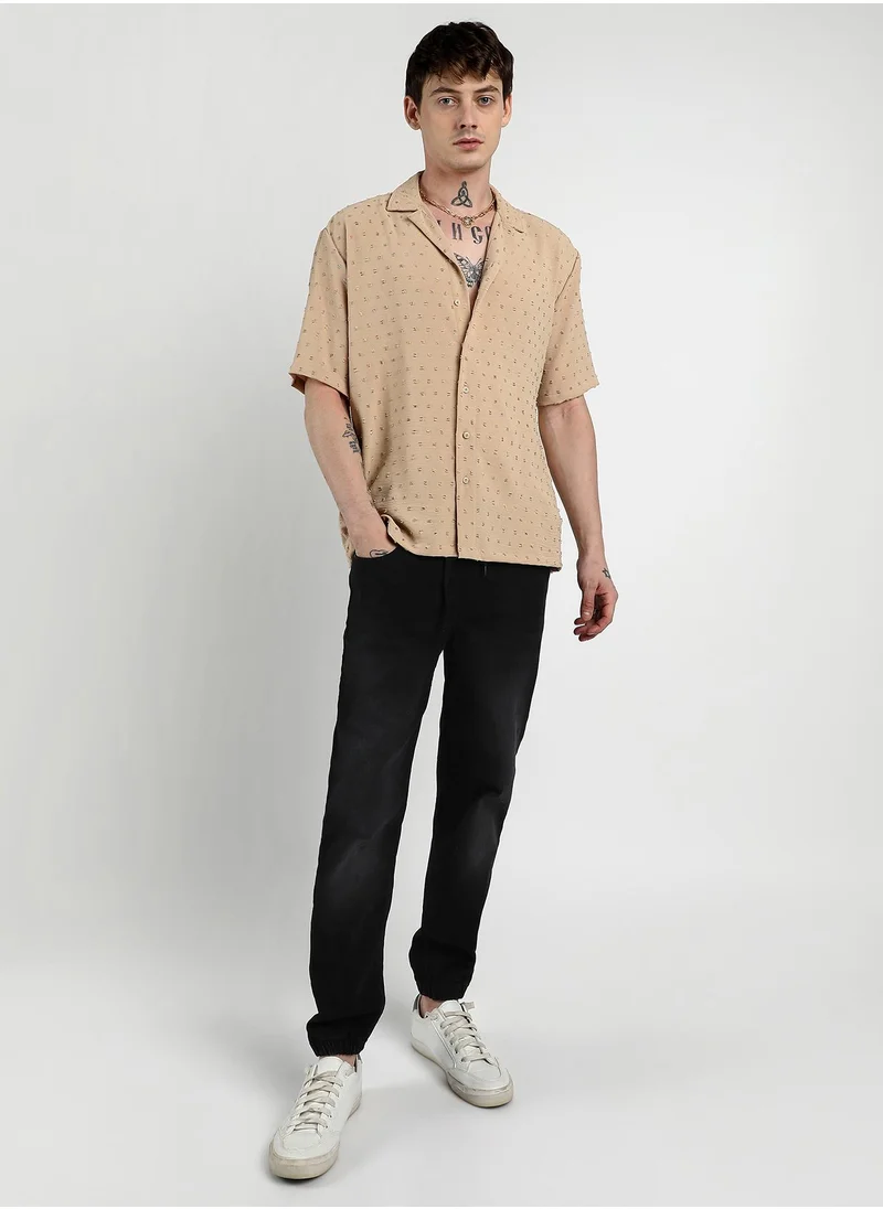 Campus Sutra Men's Beige Oversized Pom-Pom Shirt