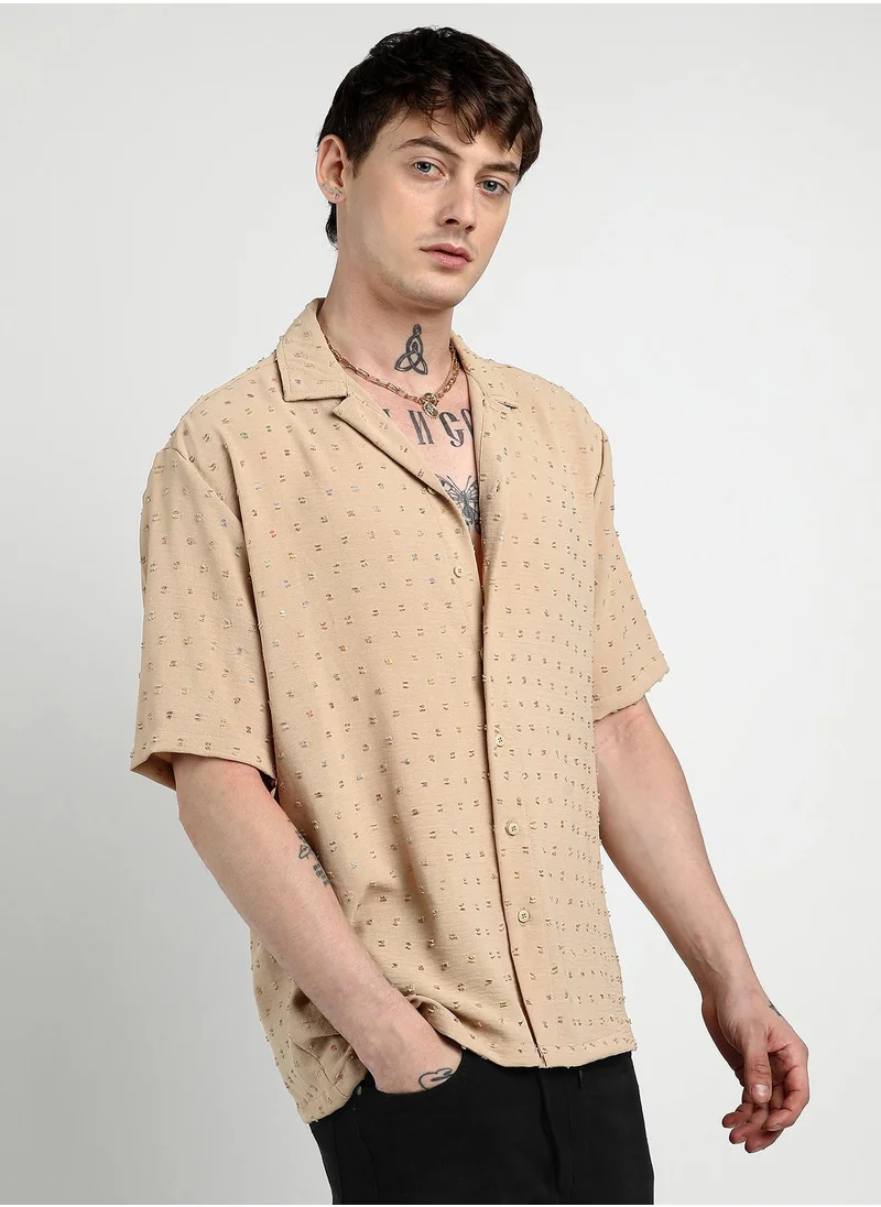 Campus Sutra Men's Beige Oversized Pom-Pom Shirt