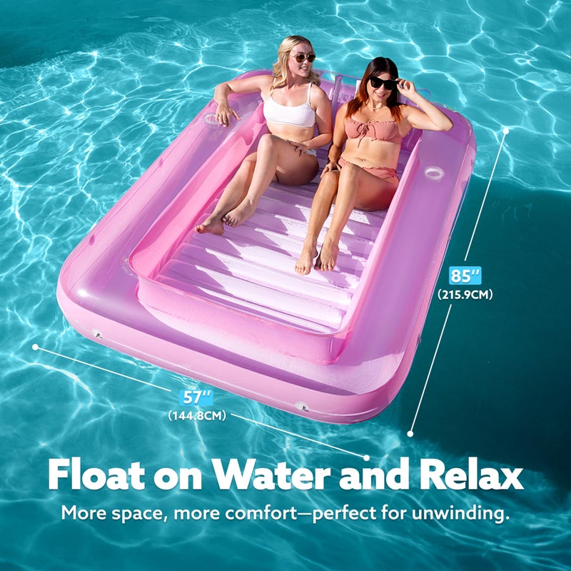 SLOOSH Inflatable Tanning Pool Lounger Float, 85" x 57" Extra Large Pool Floats Adult with Pillow, 4 in 1 Suntan Tub Raft Floatie,Sunbathing Bed Lounge for Water Blow Up Ball Pit, XL-Pink White - Image 2