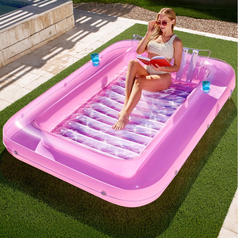 SLOOSH Inflatable Tanning Pool Lounger Float, 85" x 57" Extra Large Pool Floats Adult with Pillow, 4 in 1 Suntan Tub Raft Floatie,Sunbathing Bed Lounge for Water Blow Up Ball Pit, XL-Pink White - Image 1