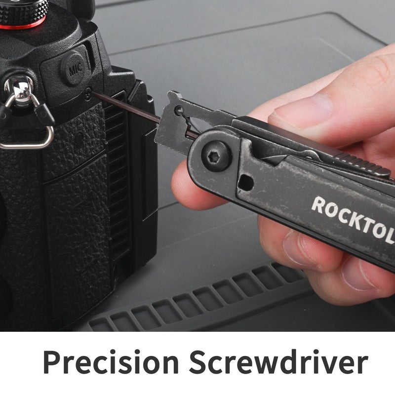 ROCKTOL أداة متعددة ROCKTOL Gen-R Lite، أسود ريترو، سكين جيب EDC بشفرة VG10، أداة متعددة مدمجة 15 في 1 مع مفك براغي، مقص كبير، كاسر زجاج، غلاف جلد، خفيف الوزن للتنزه، التخييم - Image 5