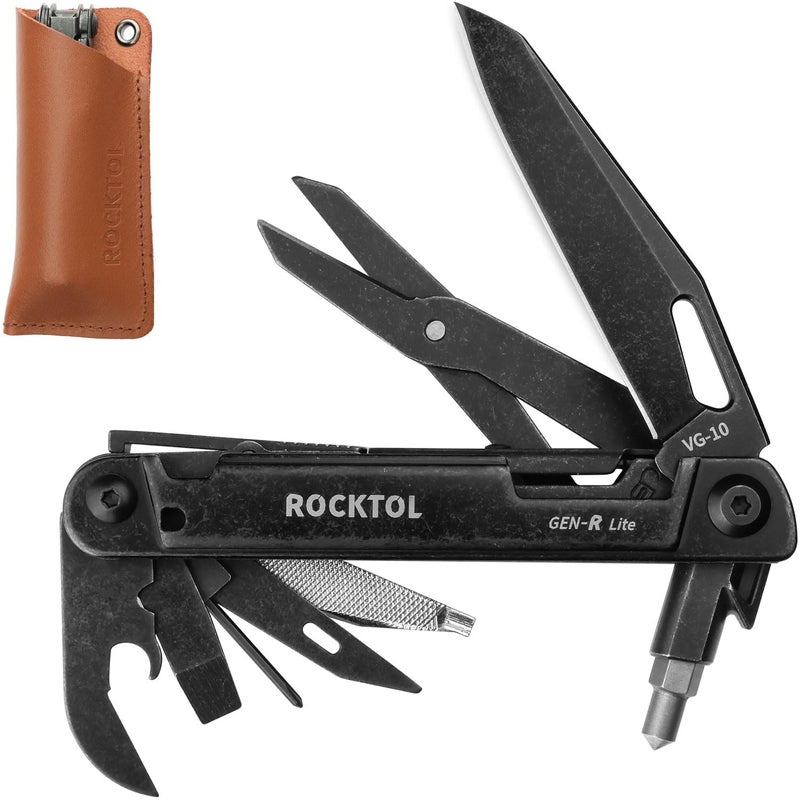 ROCKTOL أداة متعددة ROCKTOL Gen-R Lite، أسود ريترو، سكين جيب EDC بشفرة VG10، أداة متعددة مدمجة 15 في 1 مع مفك براغي، مقص كبير، كاسر زجاج، غلاف جلد، خفيف الوزن للتنزه، التخييم - Image 1