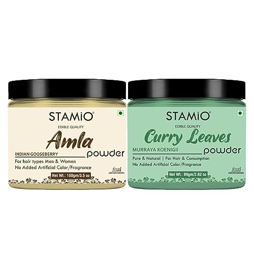 STAMIO Hair Care 2 Products Combo 180 gm - Amla and Curry Leaves Powder for Mask, Pack, Anti-Dandruff, Shine | Natural Powders Kit | In Jar (100gm + 80gm) - Image 1