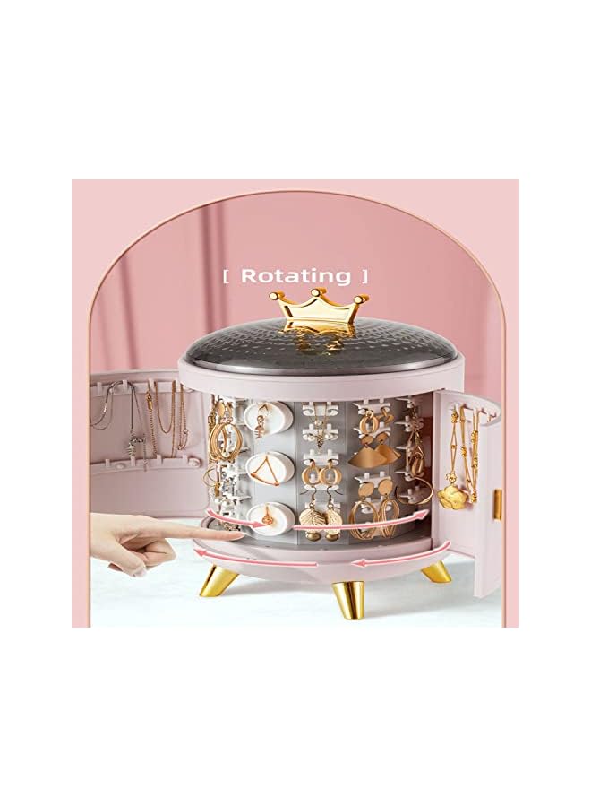 PROMASS Crown 360 Rotating Jewelry Organizer Household Earrings Necklace Dustproof Large Desktop Display Stand Luxury Retro Jewel Storage Box Gifts for Women Makeup Organizer Drawers(Pink) - Image 3