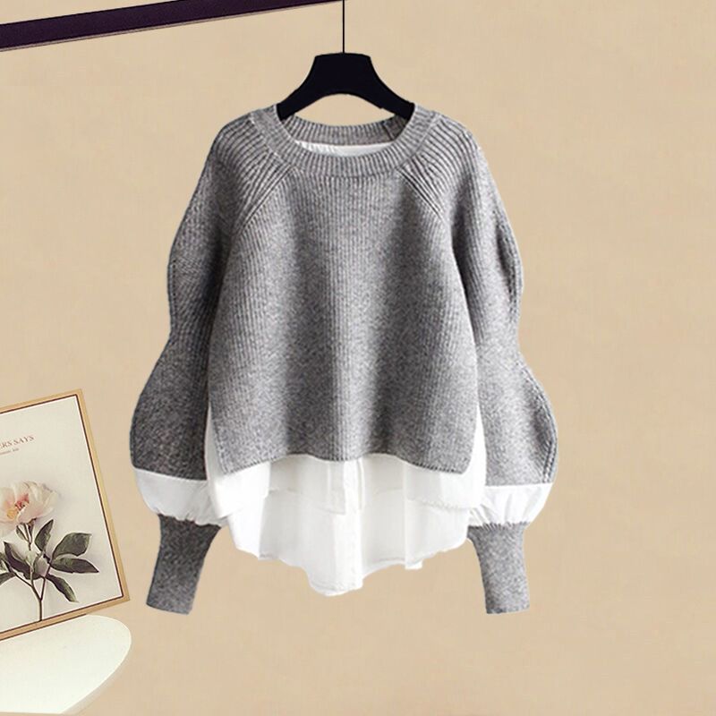 Autumn 2024 Plus Size Faux Layered Shirt  Skirt Set for Women Grey coat [single piece]]