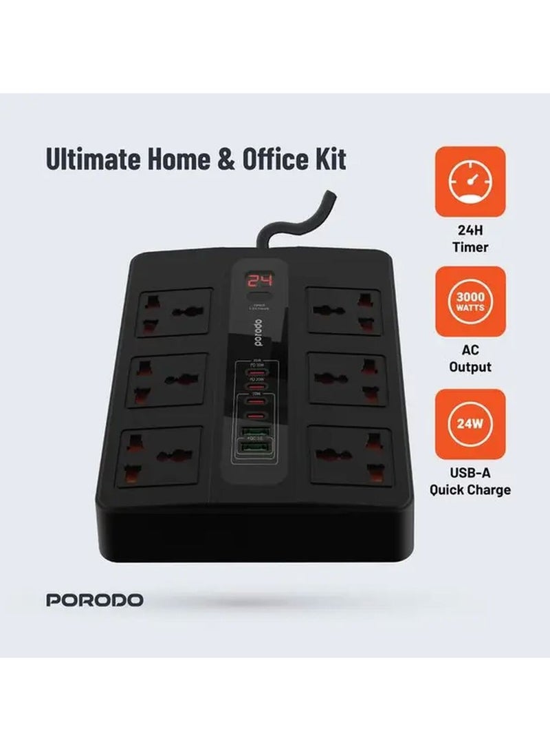 porodo Multi-Port Super HUB 4 USB-C/ 2 USB-A Ultimate Home and Office Kit 3M / Multi Plug Extender / Electrical Outlet Extender / Multi USB Plug- Black - Image 4