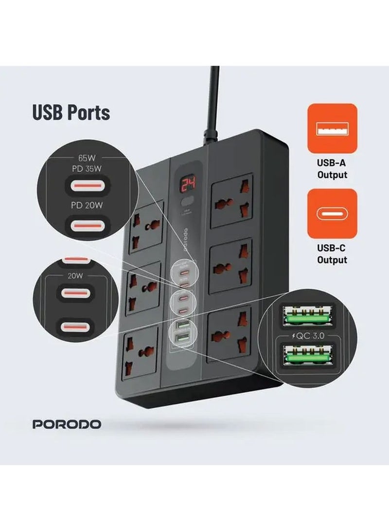 porodo Multi-Port Super HUB 4 USB-C/ 2 USB-A Ultimate Home and Office Kit 3M / Multi Plug Extender / Electrical Outlet Extender / Multi USB Plug- Black - Image 5