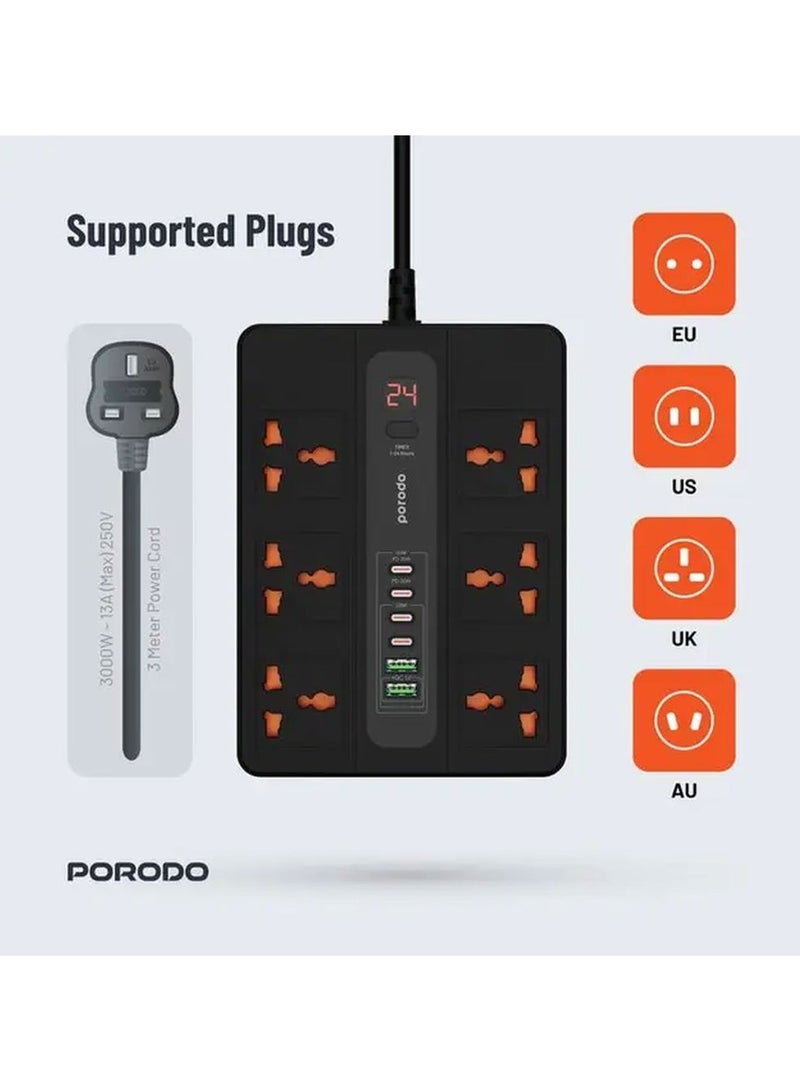 porodo Multi-Port Super HUB 4 USB-C/ 2 USB-A Ultimate Home and Office Kit 3M / Multi Plug Extender / Electrical Outlet Extender / Multi USB Plug- Black - Image 3