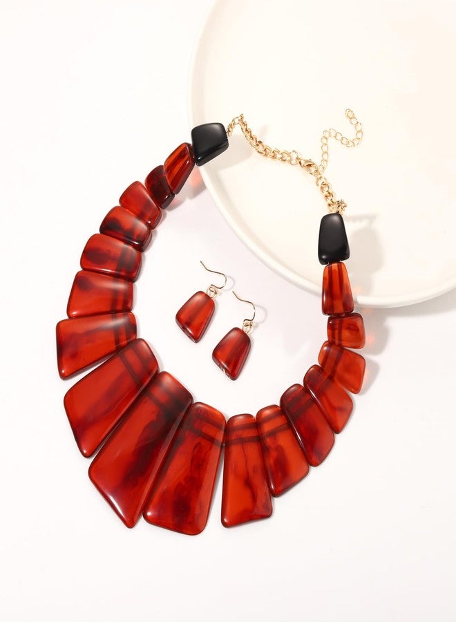 HSWE Statement Acrylic Choker Necklace Earrings for Women Vintage Bohemian Resin Chunky Collar Choker Necklace Acrylic Dangle Earrings Geometric Tortoise Resin Jewelry Set - Image 2