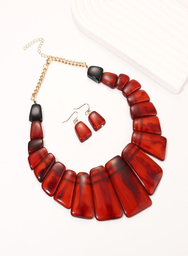 HSWE Statement Acrylic Choker Necklace Earrings for Women Vintage Bohemian Resin Chunky Collar Choker Necklace Acrylic Dangle Earrings Geometric Tortoise Resin Jewelry Set - Image 3