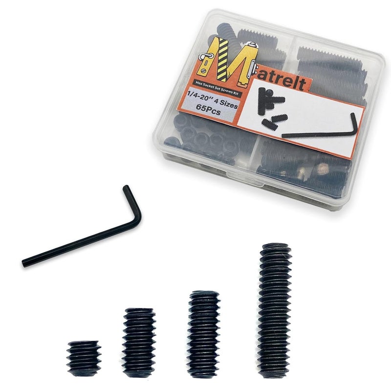Matrelt 65pcs 1/4-20 4 Sizes Hex Socket Set Screws Assortment Kit, Black Alloy Cup Point Grub Screw for Bathroom Fixtures Door Handles Stripper Pole Rack Screws Precision Instrument ETS - Image 1