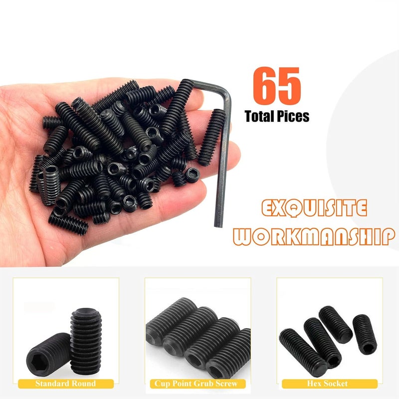 Matrelt 65pcs 1/4-20 4 Sizes Hex Socket Set Screws Assortment Kit, Black Alloy Cup Point Grub Screw for Bathroom Fixtures Door Handles Stripper Pole Rack Screws Precision Instrument ETS - Image 4