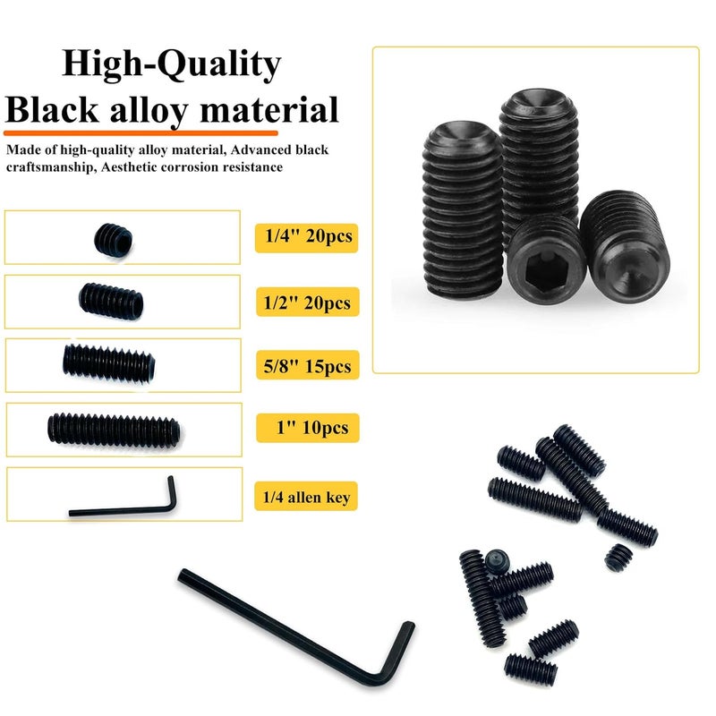 Matrelt 65pcs 1/4-20 4 Sizes Hex Socket Set Screws Assortment Kit, Black Alloy Cup Point Grub Screw for Bathroom Fixtures Door Handles Stripper Pole Rack Screws Precision Instrument ETS - Image 3