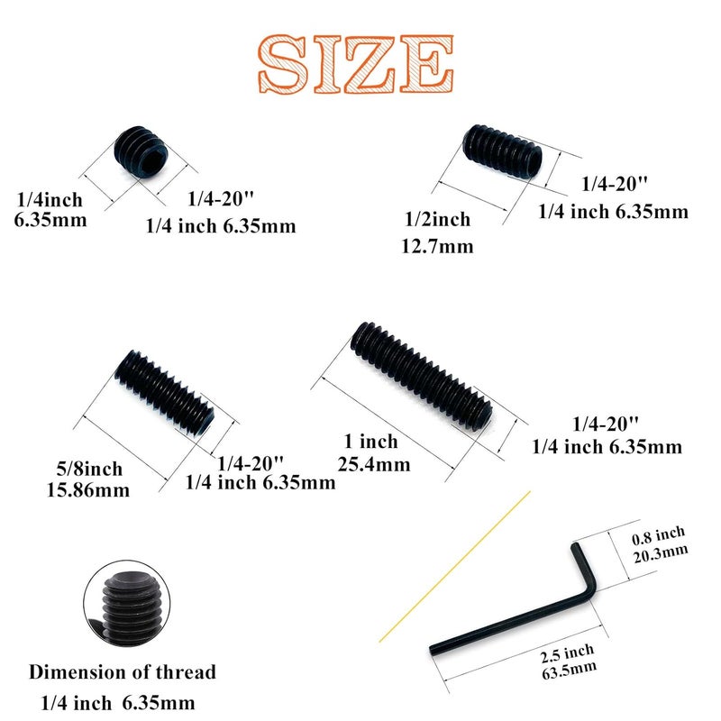 Matrelt 65pcs 1/4-20 4 Sizes Hex Socket Set Screws Assortment Kit, Black Alloy Cup Point Grub Screw for Bathroom Fixtures Door Handles Stripper Pole Rack Screws Precision Instrument ETS - Image 2