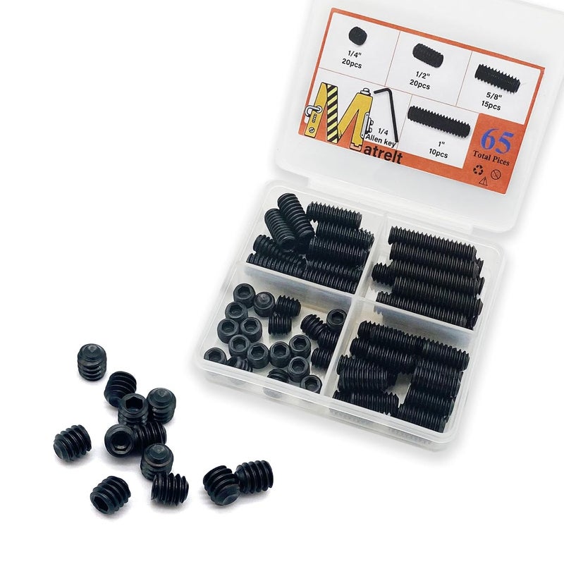 Matrelt 65pcs 1/4-20 4 Sizes Hex Socket Set Screws Assortment Kit, Black Alloy Cup Point Grub Screw for Bathroom Fixtures Door Handles Stripper Pole Rack Screws Precision Instrument ETS - Image 5