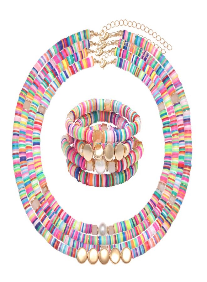 ARATLENCH Heishi Surfer Necklaces Bracelets -Colorful Vinyl Disc Beads Love Necklace Boho Rainbow Stack Stretch Friendship Bracelet Necklaces Set for Women - Image 1