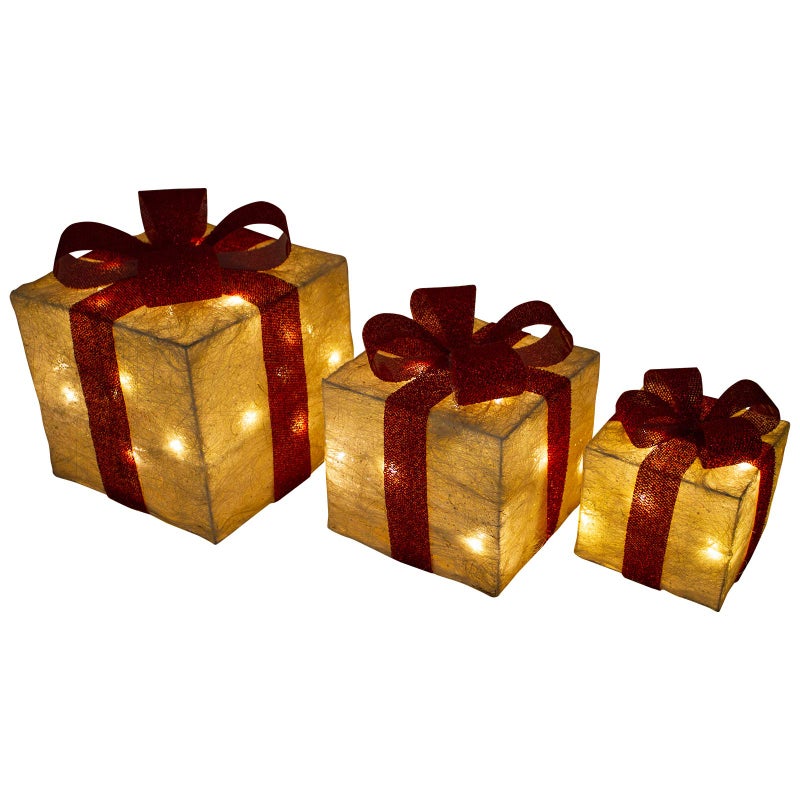 SHATCHI طرود عيد الميلاد المتلألئة من شاتشي تعمل بالبطارية LED مزينة بالجلتر من سيزال وراطن مجموعة من 3 باللون الذهبي والأحمر والكريمي والتارتان 25سم 20سم 15سم