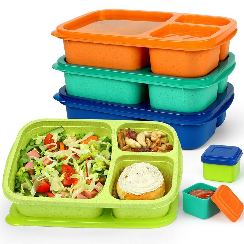 Caperci Bento Lunch Box Containers for Adults & Kids - 3-Compartment Reusable Meal Prep Containers with 2Pc Sauce Containers for School, Work, Travel, Wheat Straw, Set of 4 (Jewel Brights) - Image 1