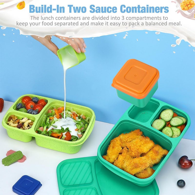 Caperci Bento Lunch Box Containers for Adults & Kids - 3-Compartment Reusable Meal Prep Containers with 2Pc Sauce Containers for School, Work, Travel, Wheat Straw, Set of 4 (Jewel Brights) - Image 3
