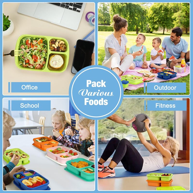 Caperci Bento Lunch Box Containers for Adults & Kids - 3-Compartment Reusable Meal Prep Containers with 2Pc Sauce Containers for School, Work, Travel, Wheat Straw, Set of 4 (Jewel Brights) - Image 4