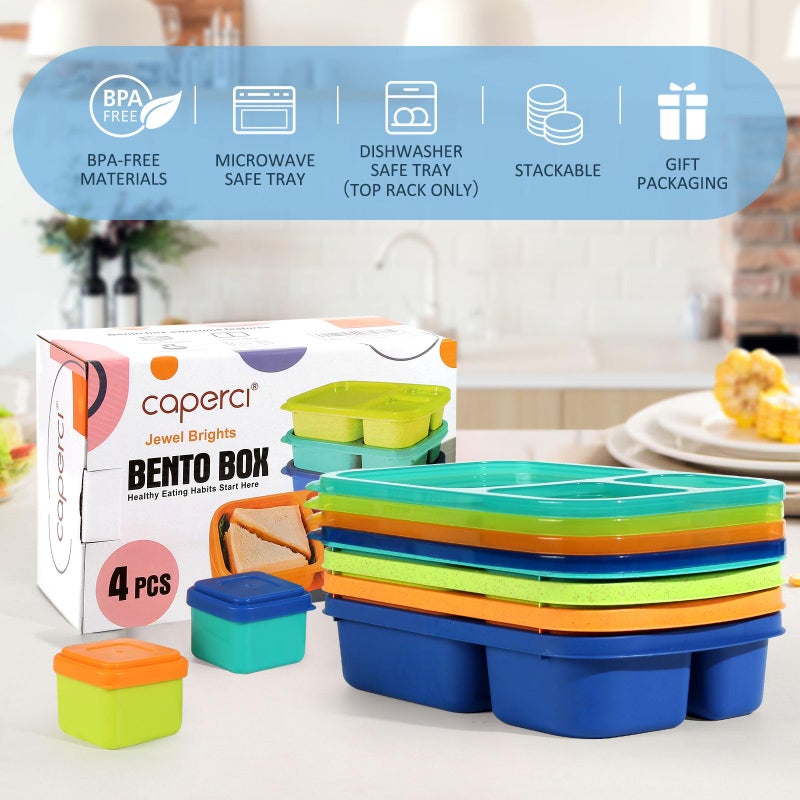Caperci Bento Lunch Box Containers for Adults & Kids - 3-Compartment Reusable Meal Prep Containers with 2Pc Sauce Containers for School, Work, Travel, Wheat Straw, Set of 4 (Jewel Brights) - Image 5