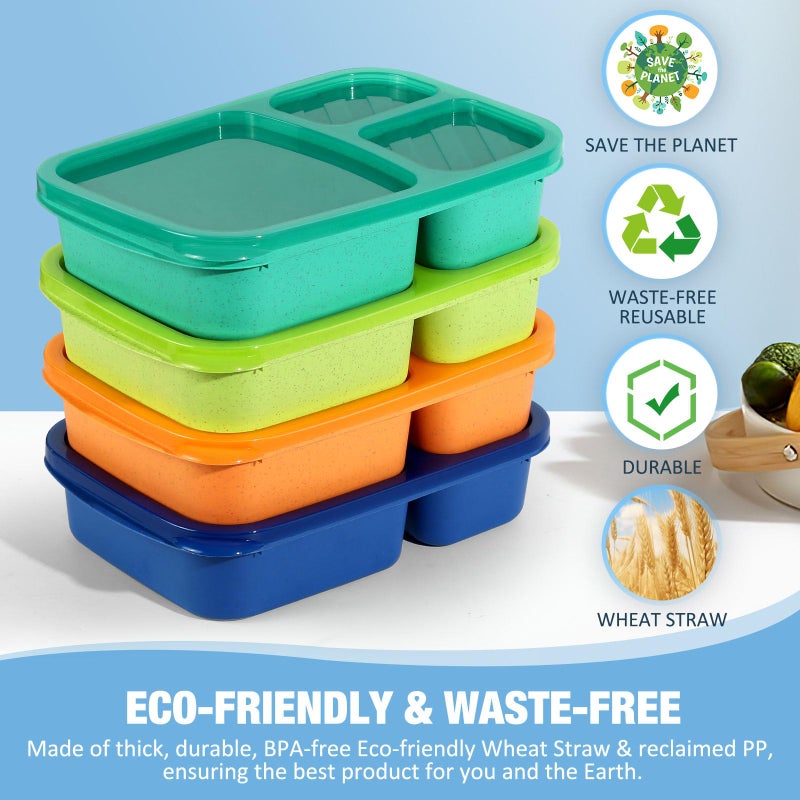 Caperci Bento Lunch Box Containers for Adults & Kids - 3-Compartment Reusable Meal Prep Containers with 2Pc Sauce Containers for School, Work, Travel, Wheat Straw, Set of 4 (Jewel Brights) - Image 2