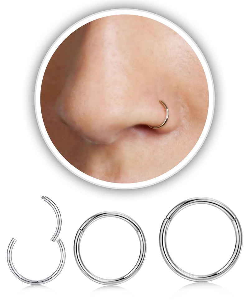 AMASIS 3Pcs 20G Silver Nose Rings Hoop for Women Men,Hypoallergenic 316l Surgical Steel Hinged Clicker Segment Nose Rings Hoop Helix Cartilage Daith Tragus Sleeper Earrings Real Body Piercing Jewelry Diameter 6mm 8mm 10mm - Image 1