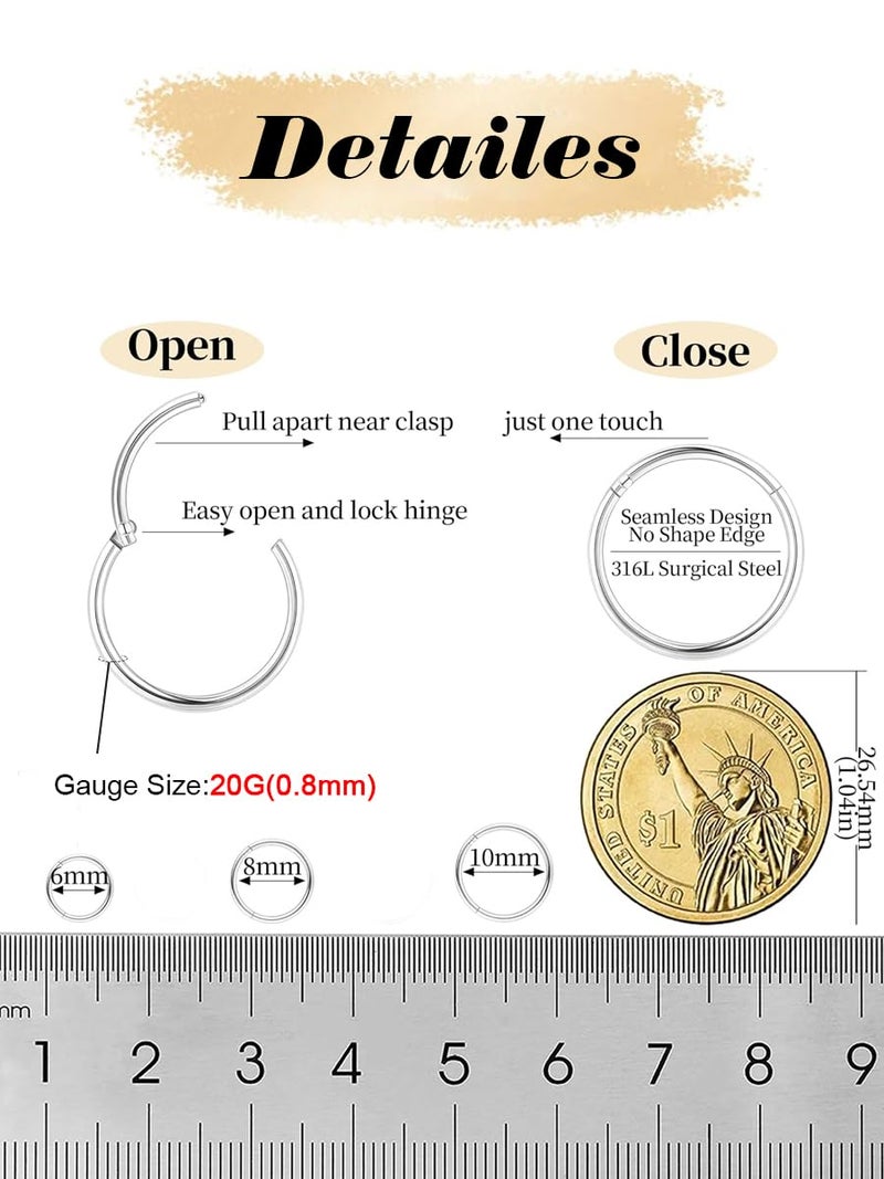 AMASIS 3Pcs 20G Silver Nose Rings Hoop for Women Men,Hypoallergenic 316l Surgical Steel Hinged Clicker Segment Nose Rings Hoop Helix Cartilage Daith Tragus Sleeper Earrings Real Body Piercing Jewelry Diameter 6mm 8mm 10mm - Image 2