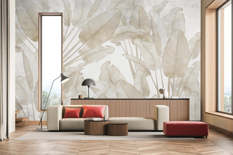 WFBHUA-Beige Banana Leaf Wallpaper Peel and Stick Tropical Self-Adhesive Wall Mural for Living Room Bedroom 82"x57" - Image 2