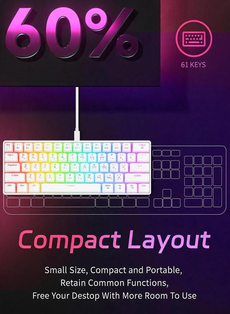 UCHUANG 61-Key English Arabic Mechanical Keyboard, Red Switch Hybrid Light Compact Mini Wired Keyboard for PC, Mac E-sports Portable Gaming Keyboard - White - Image 2