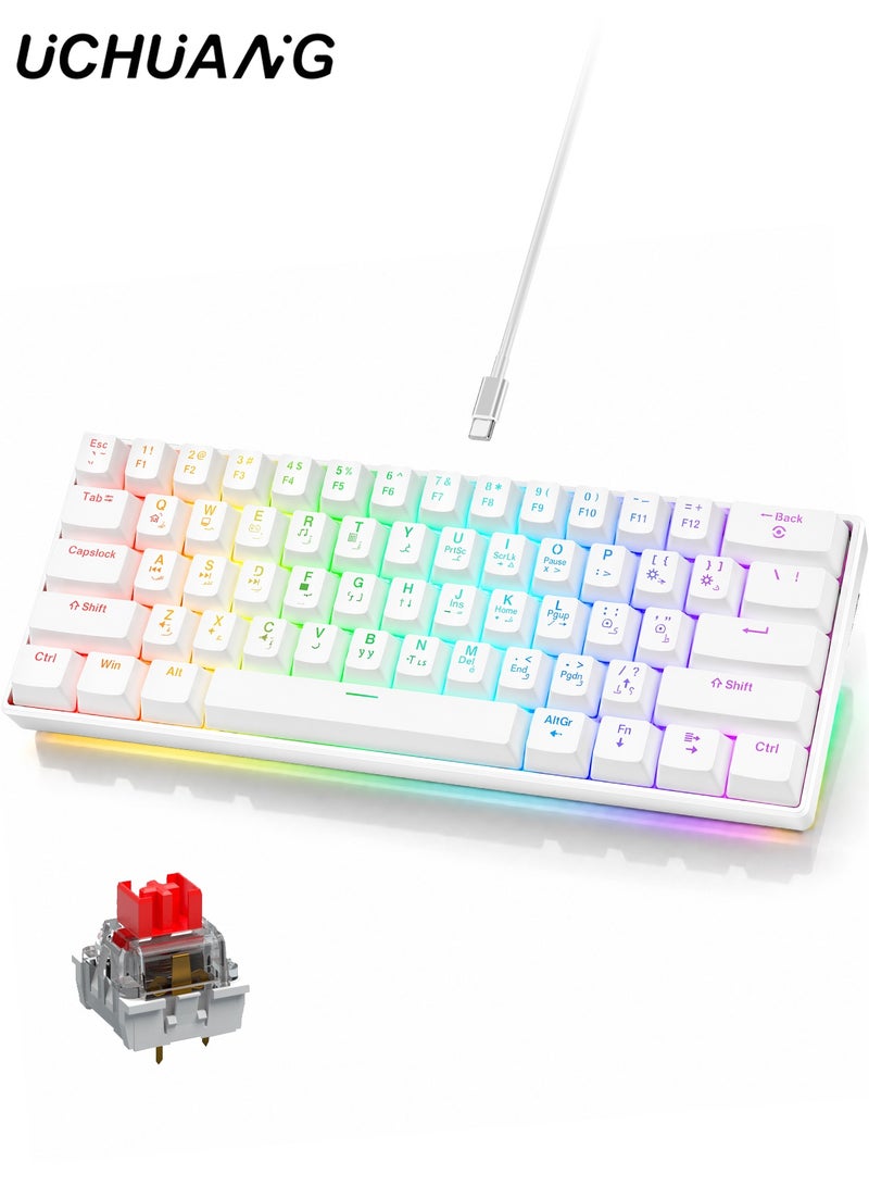 UCHUANG 61-Key English Arabic Mechanical Keyboard, Red Switch Hybrid Light Compact Mini Wired Keyboard for PC, Mac E-sports Portable Gaming Keyboard - White - Image 1