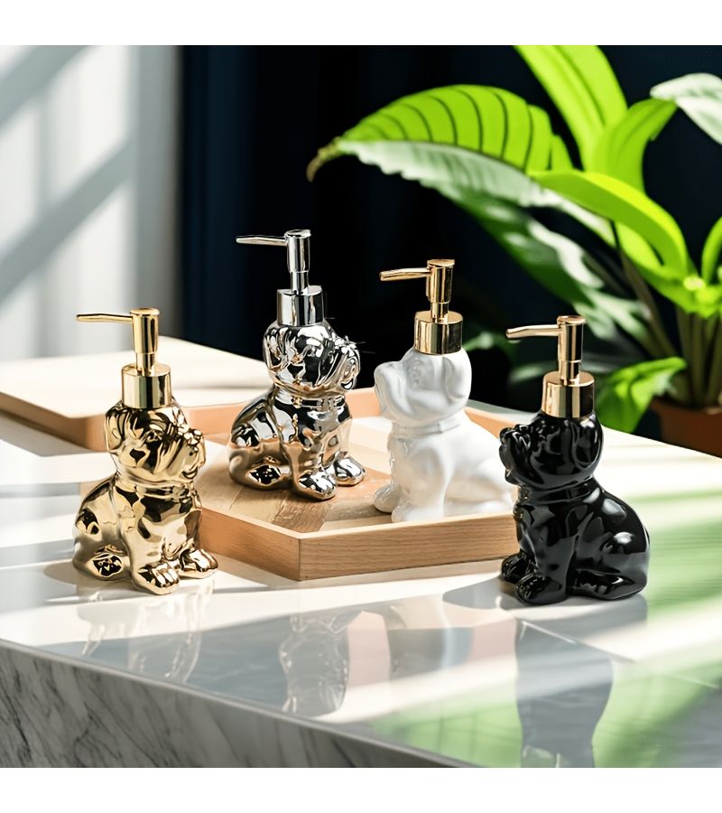 Charming Golden Ceramic Puppy Lotion Dispenser for Hand Soap and Shampoo - Image 1