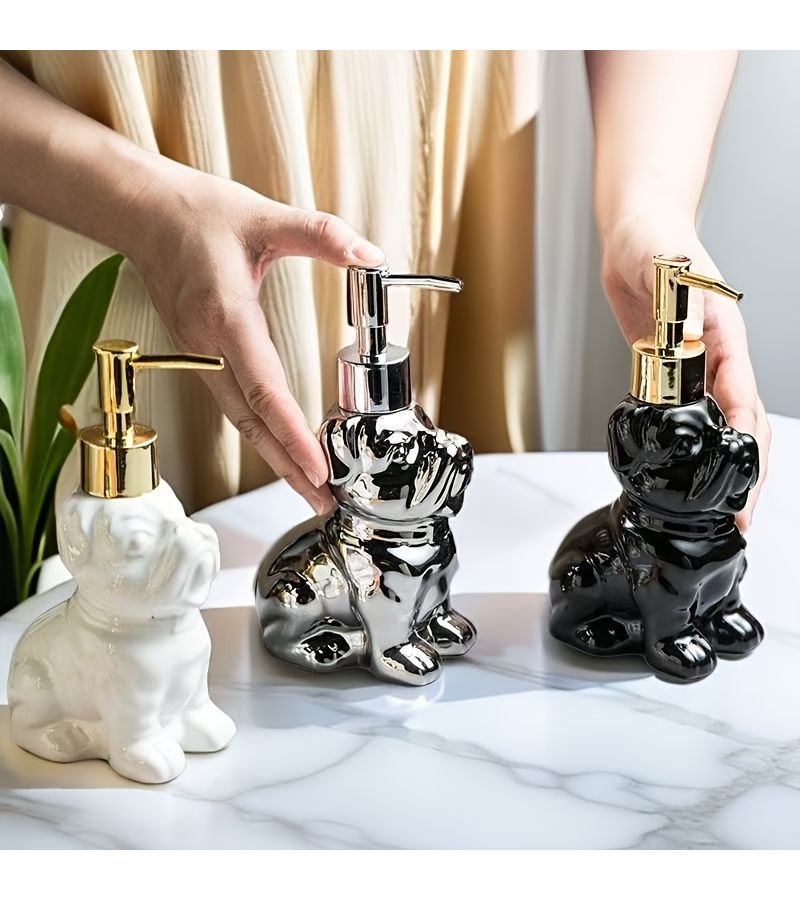 Charming Golden Ceramic Puppy Lotion Dispenser for Hand Soap and Shampoo - Image 2