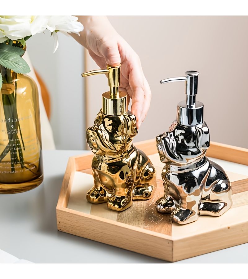 Charming Golden Ceramic Puppy Lotion Dispenser for Hand Soap and Shampoo - Image 4
