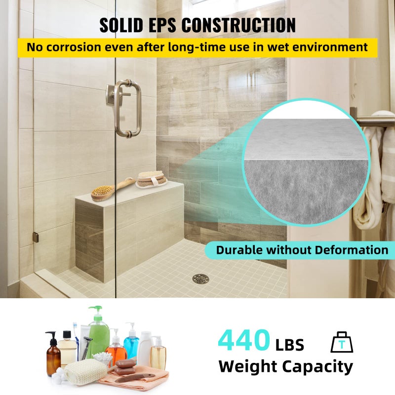 VEVOR Tile Shower Seat, 38.2" x 11.4" x 20" Tile Shower Seat, Factory Waterproof & 100% Leak-Proof Tileable Shower Corner Seat, 440lbs Loading Rectangular Board Shower Bench, Grey - Image 5