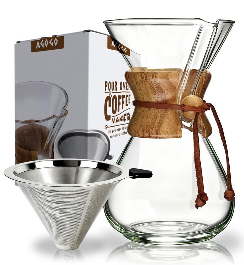 AGOGO Pour Over Coffee Maker Glass - 6/8/10 Cup Barista Kit with 304 Stainless Filter for Home, Office, Camping, Cafes - Easy Clean Coffee Dripper Set (Rag&Brush Included) (8 Cup/28 oz) - Image 1