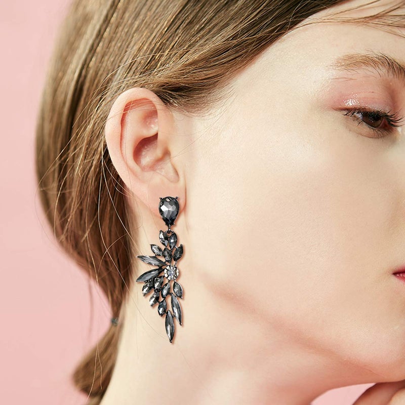 BriLove Women's Wedding Bridal Crystal Teardrop Multi Marquise Cluster Bling Dangle Earrings Grey Black-Tone - Image 3