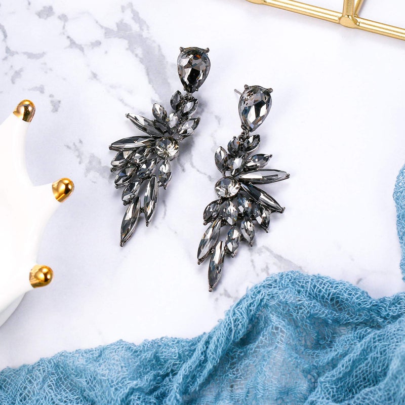 BriLove Women's Wedding Bridal Crystal Teardrop Multi Marquise Cluster Bling Dangle Earrings Grey Black-Tone - Image 4