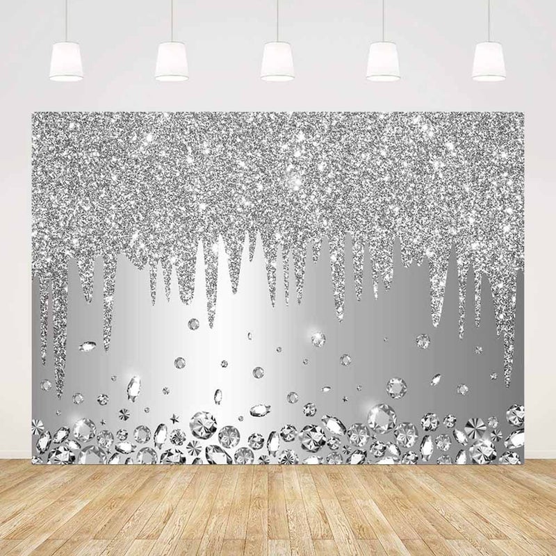 ABLIN 7x5ft Silver Backdrop Print Dripping Glitter Crystal Diamond Silver Happy Birthday Party Bridal Shower Wedding Decorations Photography Background Photo Shoot Props