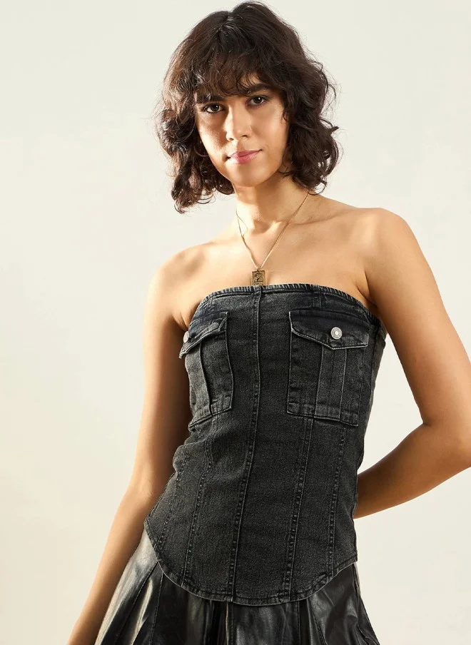 ساسافراس بلوزة نسائية سوداء بدون حمالات من الدنيم