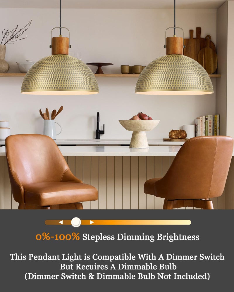 ELYONA 2 Pack Large Hammered Pendant Light Fixtures, 16 Inch Ash Wood Vintage Dome Hanging Lamp, Antique Gold Mid Century Pendant Lighting for Kitchen Island, Farmhouse, Dining Room, Brushed Brass - Image 2