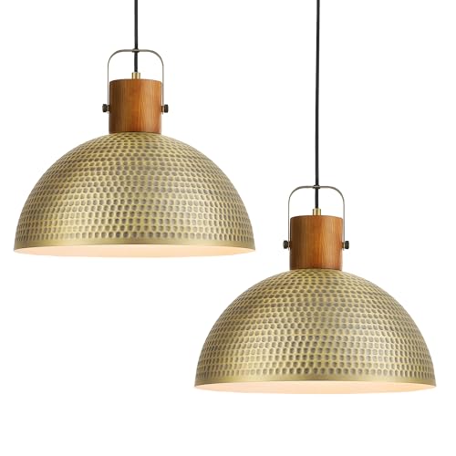 ELYONA 2 Pack Large Hammered Pendant Light Fixtures, 16 Inch Ash Wood Vintage Dome Hanging Lamp, Antique Gold Mid Century Pendant Lighting for Kitchen Island, Farmhouse, Dining Room, Brushed Brass - Image 1