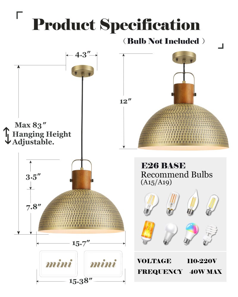 ELYONA 2 Pack Large Hammered Pendant Light Fixtures, 16 Inch Ash Wood Vintage Dome Hanging Lamp, Antique Gold Mid Century Pendant Lighting for Kitchen Island, Farmhouse, Dining Room, Brushed Brass - Image 3