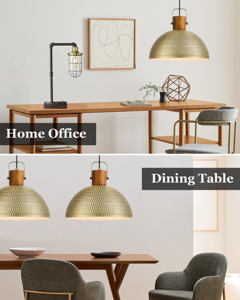 ELYONA 2 Pack Large Hammered Pendant Light Fixtures, 16 Inch Ash Wood Vintage Dome Hanging Lamp, Antique Gold Mid Century Pendant Lighting for Kitchen Island, Farmhouse, Dining Room, Brushed Brass - Image 5
