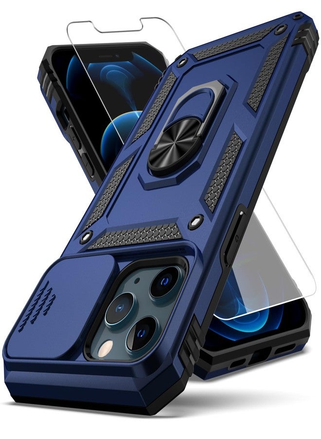 YZOK جراب YZOK لهاتف iPhone 12 Pro Max، مع غطاء عدسة الكاميرا وواقي شاشة عالي الدقة، [بمواصفات عسكرية] حامل حلقي للسيارة مع مسند، جراب حماية هجين مقاوم للصدمات مصنوع من البولي كربونات الصلب والبولي يوريثين الحراري المرن لهاتف iPhone 12 Pro Max - أزرق - Image 1