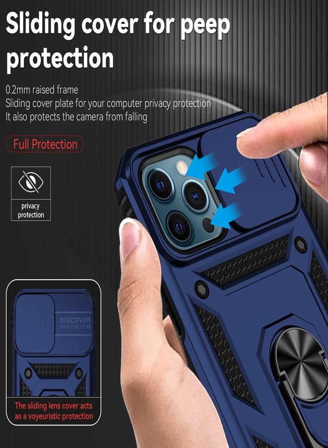 YZOK جراب YZOK لهاتف iPhone 12 Pro Max، مع غطاء عدسة الكاميرا وواقي شاشة عالي الدقة، [بمواصفات عسكرية] حامل حلقي للسيارة مع مسند، جراب حماية هجين مقاوم للصدمات مصنوع من البولي كربونات الصلب والبولي يوريثين الحراري المرن لهاتف iPhone 12 Pro Max - أزرق - Image 4