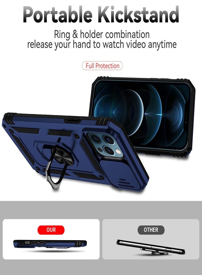 YZOK جراب YZOK لهاتف iPhone 12 Pro Max، مع غطاء عدسة الكاميرا وواقي شاشة عالي الدقة، [بمواصفات عسكرية] حامل حلقي للسيارة مع مسند، جراب حماية هجين مقاوم للصدمات مصنوع من البولي كربونات الصلب والبولي يوريثين الحراري المرن لهاتف iPhone 12 Pro Max - أزرق - Image 3