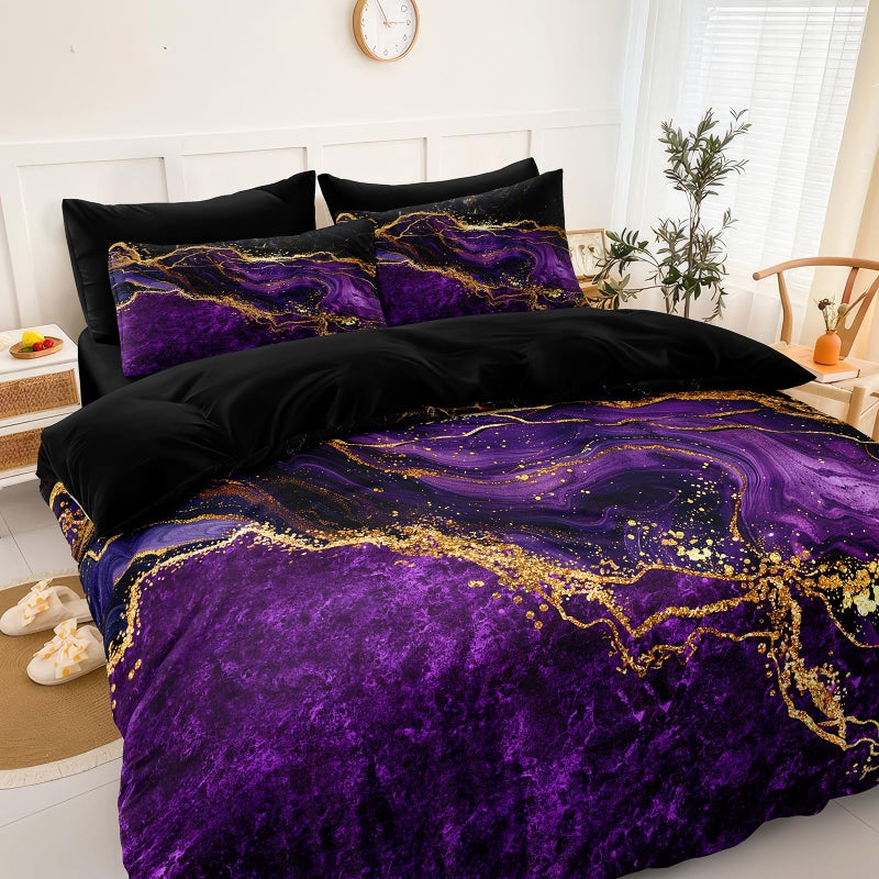 Bedorm Black Gold Comforter Set Purple Marble Bedding Set King Size Black Marble Stone Abstract Artwork Bedroom Decor Black Marble Comforter Sets for All Season - Image 2